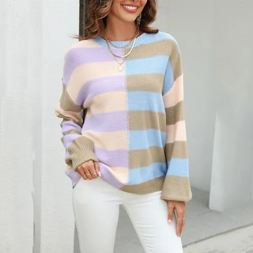 Women's Sweater Long Sleeve Sweaters & Cardigans Contrast Binding Casual Color Block Stripe