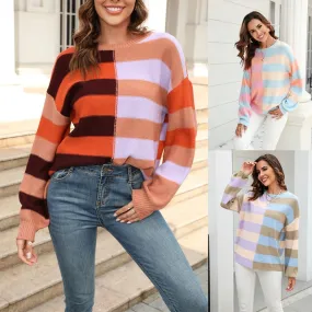 Women's Sweater Long Sleeve Sweaters & Cardigans Contrast Binding Casual Color Block Stripe