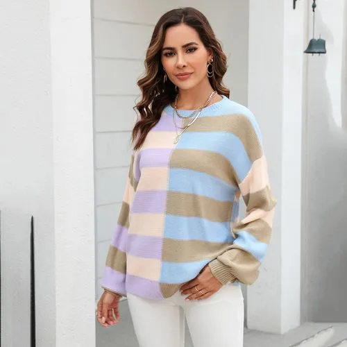 Women's Sweater Long Sleeve Sweaters & Cardigans Contrast Binding Casual Color Block Stripe