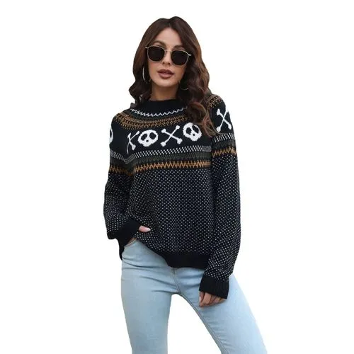 Women's Sweater Long Sleeve Sweaters & Cardigans Jacquard Contrast Binding Casual Ghost Skull