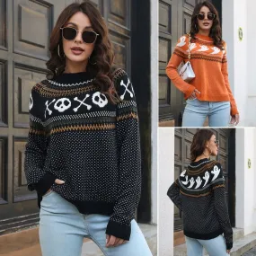 Women's Sweater Long Sleeve Sweaters & Cardigans Jacquard Contrast Binding Casual Ghost Skull