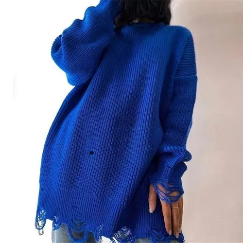 Women's Sweater Long Sleeve Sweaters & Cardigans Ripped Casual Solid Color