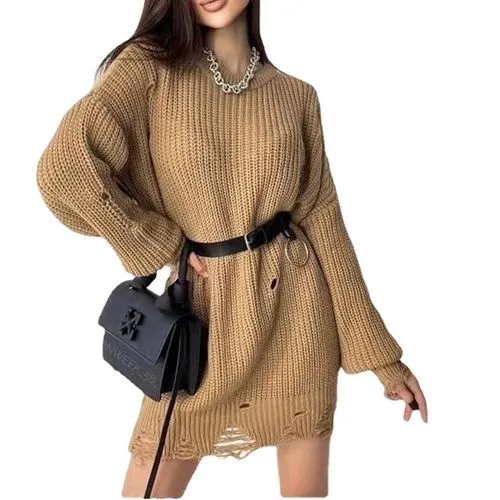 Women's Sweater Long Sleeve Sweaters & Cardigans Ripped Casual Solid Color