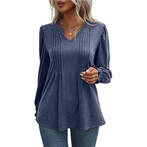 Women's T-shirt Long Sleeve T-shirts Pleated Casual Solid Color