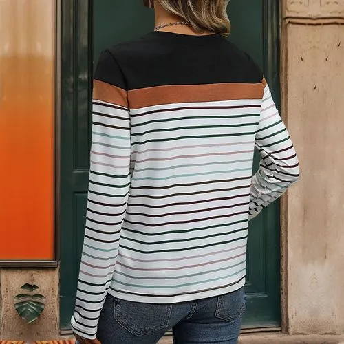 Women's T-shirt Long Sleeve T-Shirts Rib-Knit Casual Streetwear Stripe