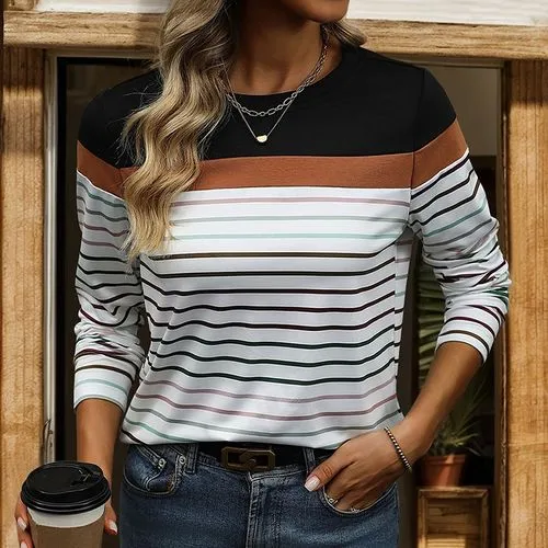 Women's T-shirt Long Sleeve T-Shirts Rib-Knit Casual Streetwear Stripe