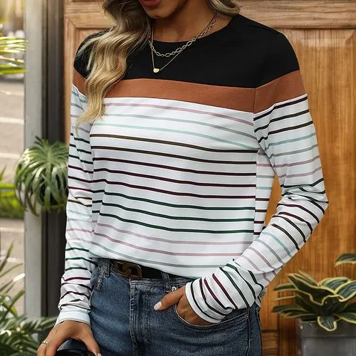 Women's T-shirt Long Sleeve T-Shirts Rib-Knit Casual Streetwear Stripe