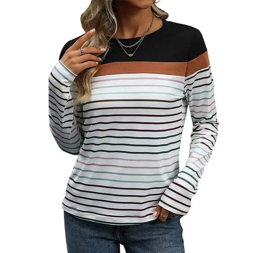 Women's T-shirt Long Sleeve T-Shirts Rib-Knit Casual Streetwear Stripe