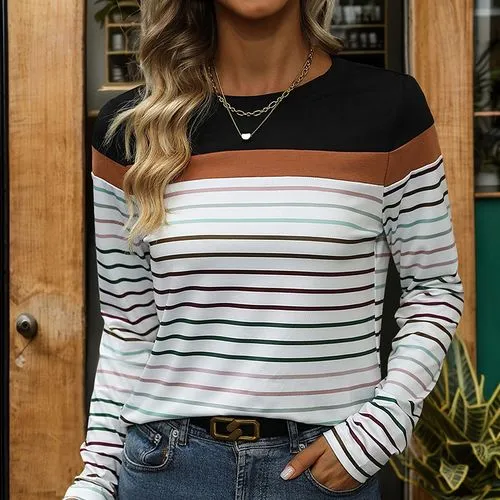 Women's T-shirt Long Sleeve T-Shirts Rib-Knit Casual Streetwear Stripe