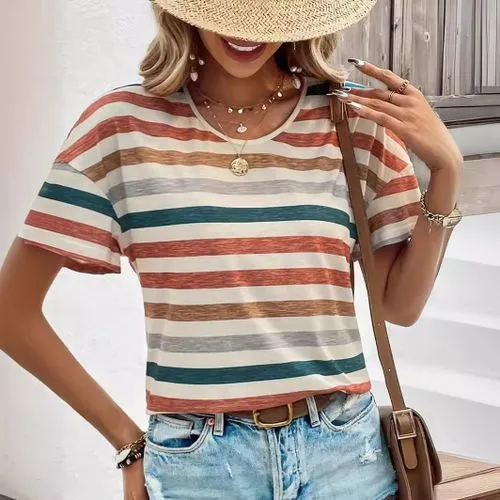 Women's T-shirt Short Sleeve T-Shirts Printing Stripe Streetwear Stripe