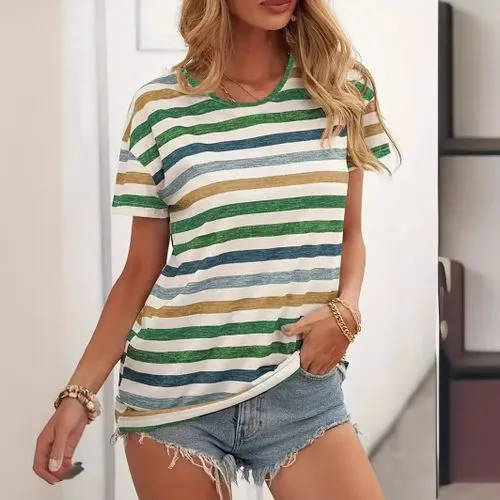 Women's T-shirt Short Sleeve T-Shirts Printing Stripe Streetwear Stripe