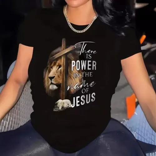 Women's T-shirt Short Sleeve T-Shirts Streetwear Cross Letter Lion