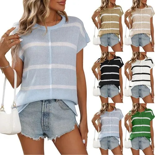 Women's T-shirt Sweater Short Sleeve Sweaters & Cardigans Contrast Binding Streetwear Stripe