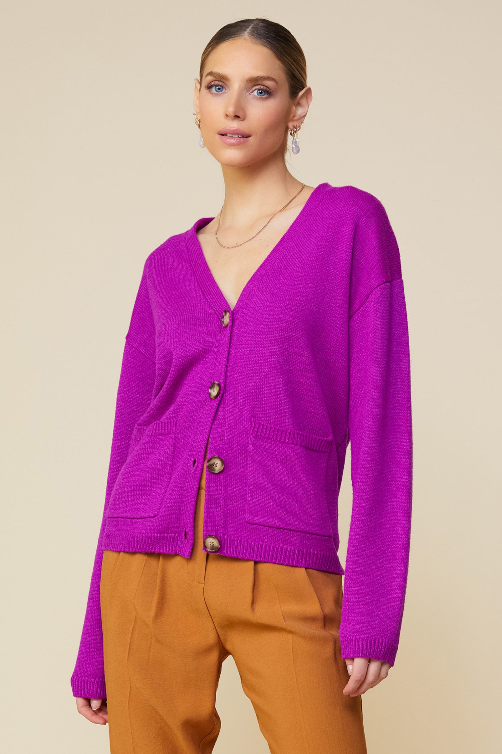 Yarn Cardigan With Pockets-Orchid